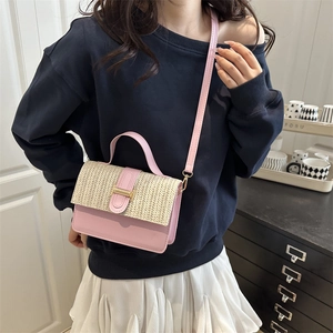 Chic pink and raffia contrast small square bag with H-buckle for women, crossbody style