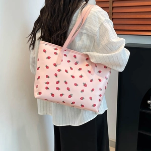 Pink tote bag with red strawberry pattern, large capacity PU shoulder bag for women