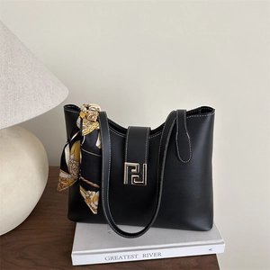 Women Retro PU Leather Shoulder Bag Elegant Contrast Stitching Tote Bag With Silk Scarf Square Metal Buckle Underarm Handbag