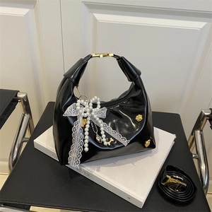 Women Sweet PU Leather Hobo Bag Artificial Pearl Lace Bow Decoration Shoulder Crossbody Underarm Bag Shiny Niche Small Square Bag