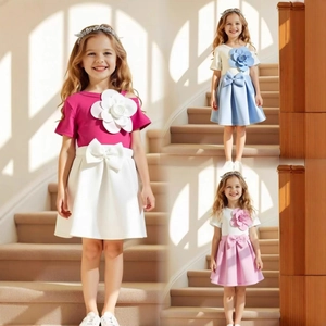 Detailed comparison of girls' summer sets in rose red, blue, and pink colors