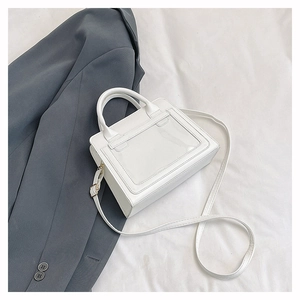 Gros plan détaillé d'un sac cabas blanc minimaliste avec fenêtre en PVC transparent sur un blazer