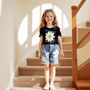 Détail du t-shirt noir à imprimé marguerite pour fille et du short en jean effiloché