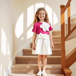 Detail of girls floral top and white skirt with large bow in a soft indoor setting