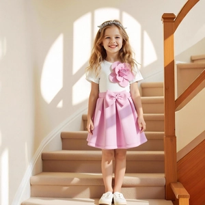 Detail of pink 3D flower on white t-shirt and pleated skirt with bow for girls