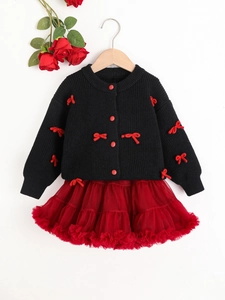 Mädchen Strickjacke mit 3D-Schleifen und rotem Tutu-Rock Set für den Herbst