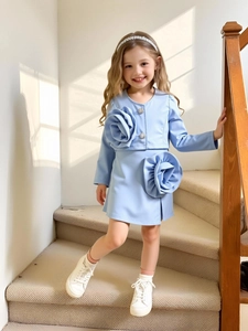 Girls Fashion Two Piece Clothing Set Polyester Long Sleeve Jacket And Skirt With 3D Flower For Wedding Birthday Celebration