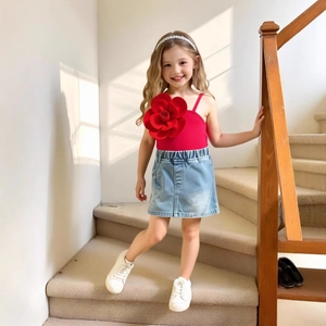 Detail of red floral camisole top and light blue denim skirt for girls summer wear
