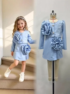 Girls light blue two-piece clothing set with 3D floral accents and pearl buttons