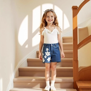 Detailansicht Mädchen Top mit Struktur und Jeansshorts mit floralen Details