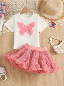 Girl summer set featuring white T-shirt with 3D pink butterfly and matching tutu skirt
