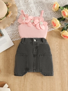 Ensemble d'été 2 pièces pour fille avec débardeur fleur 3D rose et jupe en jean