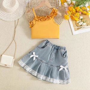 Ensemble haut jaune à volants et jupe en jean pour fille avec dentelle et nœuds