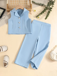 Girls Summer Suit 2 Piece Set Sleeveless Artificial Pearl Button Vest And Wide Leg Pants Elegant Casual Formal Toddler Clothes