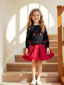 Mädchen Zweiteiler Bekleidungsset Strickjacke Roter Tutu Rock 3D Rose Schleife Netz Patchwork Party Kleid Outfit Für Baby Kinder
