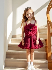 Girls Dark Red Tulle Tutu Skirt Outfit 3D Flower Camisole Top Tiered Mesh Cake Skirt Matching Clothing For Party Ceremony