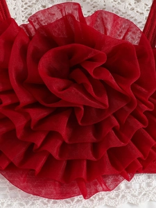 Girls red tiered tutu dress featuring 3D mesh flowers and elegant white lace details