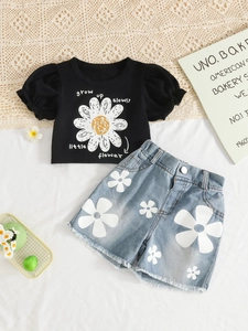 Ensemble d'été pour fille avec t-shirt marguerite noir et short en jean floral