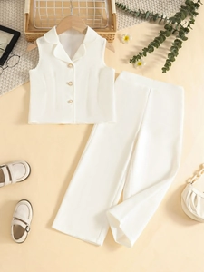 Girl's white two-piece sleeveless vest and wide-leg pants suit with pearl buttons