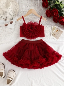 Girls' red two-piece tutu set featuring a 3D floral camisole and layered cake skirt