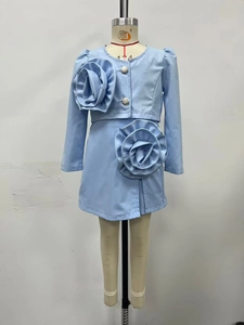 Girls' light blue two-piece formal set featuring 3D rose flower jacket and matching skirt