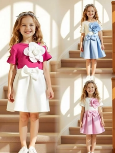Girls summer set featuring short sleeve floral top and bow skirt in three colors
