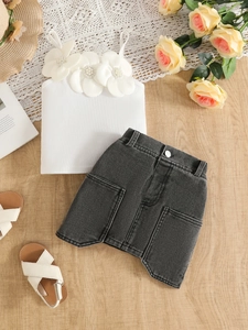 Ensemble d'été pour fille avec haut côtelé à fleurs 3D et jupe en jean trapèze