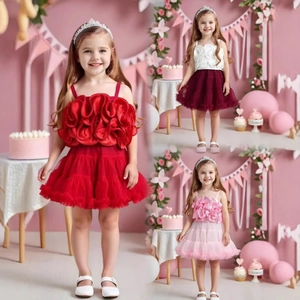 Details des Mädchen-Tutu-Sets mit 3D-Blumenoberteil und mehrlagigem Tüllrock in drei Farben