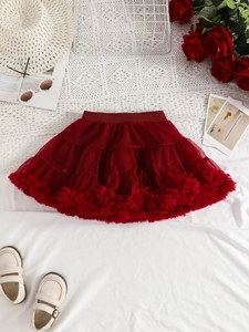 Elegant deep red layered tutu skirt for girls with elastic waist and ruffled mesh design