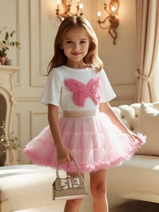 Girl's 2-piece set with white 3D butterfly T-shirt and pink tiered mesh tutu skirt