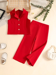 Girls red two-piece suit set with sleeveless pearl button vest and matching trousers