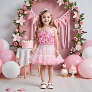Detail eines rosa Tutu-Rocks mit 3D-Tüllblumen und Lagennetz für Mädchenpartys