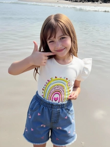 Toddler Girls Summer Outfit Rainbow Print White Cotton T-Shirt With Ruffle Sleeve And Heart Embroidered Blue Denim Shorts