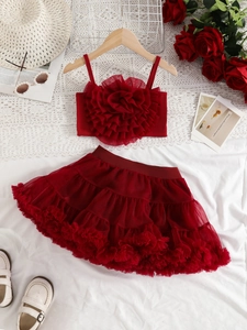 Girls burgundy tutu set with 3D floral top and layered ruffle cake skirt outfit