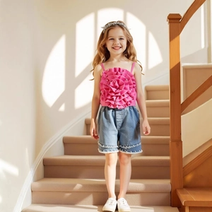 Détail du haut à fleurs roses avec perles et short en jean sur un enfant mannequin
