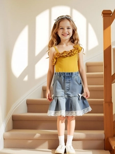 Ensemble de Vêtements d'Été pour Petites Filles Débardeur à Volants à Une Épaule et Jupe en Jean avec Dentelle Tenue de Vacances