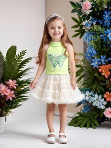 Girl summer outfit with green butterfly sequined top and white layered tulle tutu skirt
