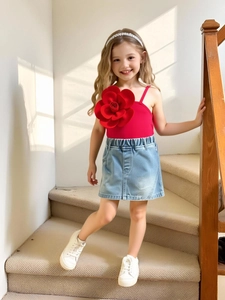 Girls Summer Fashion Outfit Red Camisole With 3D Floral Decoration and Light Blue Washed Denim Skort Casual Clothing