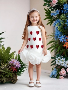 White sleeveless girls party dress with red 3D hearts and large rose petal skirt