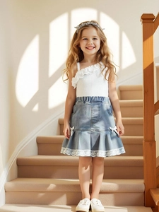 Ensemble d'été fille avec haut en tricot à volants et jupe en jean avec dentelle