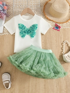 Girl summer set featuring 3D butterfly white T-shirt and mint green mesh tutu skirt