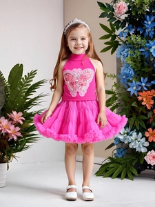 Girls Princess Summer Butterfly Embroidery Sequined Halter Top And Multi Layer Mesh Tutu Skirt Party Apparel Clothing