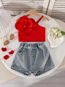 Girls summer set with red 3D flower single-shoulder top and washed denim shorts