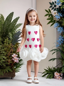 Detail of white sleeveless dress with 3D pink hearts and large rose floral hemline