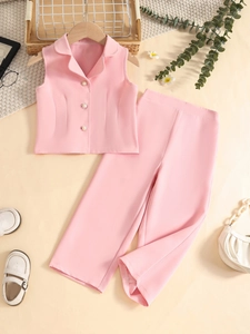 Girls pale pink two-piece suit with sleeveless vest and wide-leg trousers set