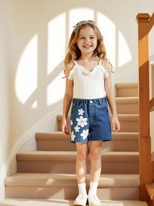 Kleinkinder Mädchen Sommer Cami Top Und Blumenmuster Denim Shorts Outfit Baumwolle Denim Atmungsaktiv Weich Kinderkleidung Urlaub
