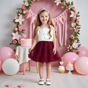 Detail eines weißen 3D-Blumen-Tops und bordeauxroten Mesh-Tutu-Rock-Sets für Mädchen