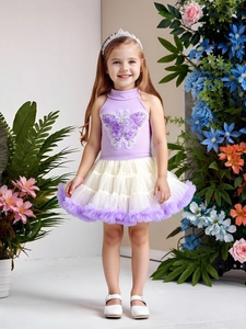 Girls purple butterfly tutu dress with layered mesh skirt and floral garden background