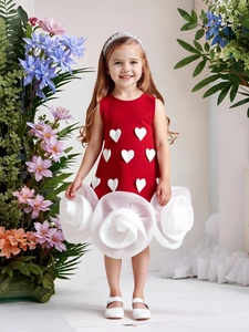 Girl's red sleeveless dress with 3D white hearts and floral organza hem for Valentine