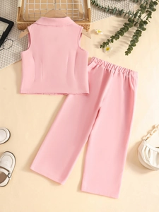 Detailed view of pink two-piece girls set with waistcoat and wide-leg trousers